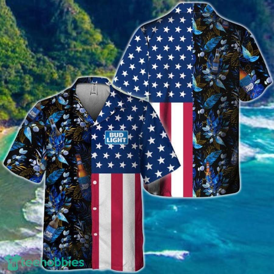 US Flag Bud Light Tropical Flowers Hawaiian Shirt Product Photo 1