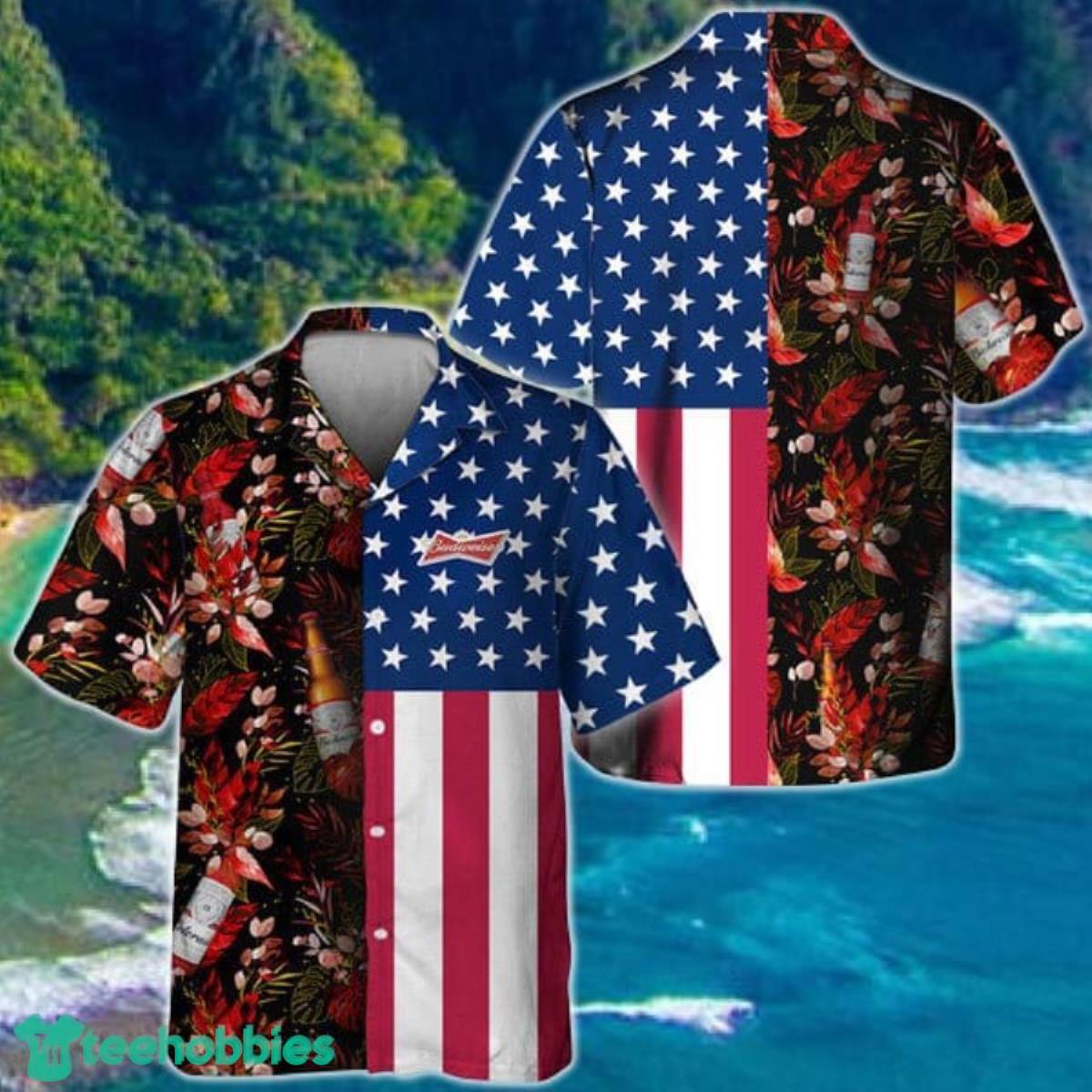 US Flag Budweiser Tropical Flowers Hawaiian Shirt Product Photo 1