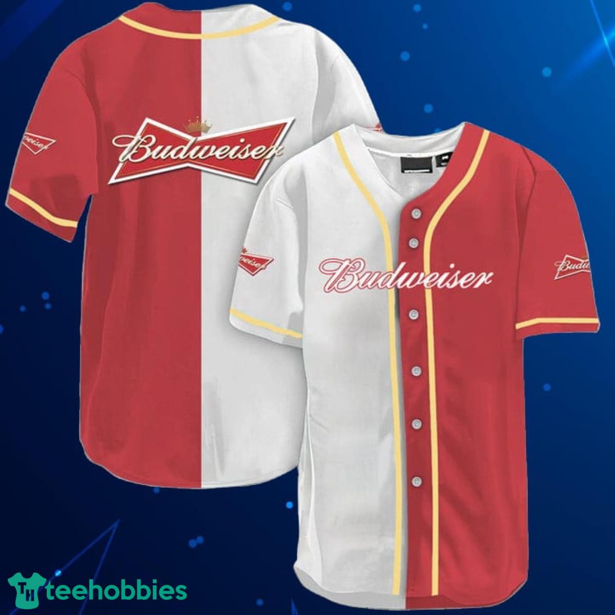White And Red Split Budweiser Beer Baseball Jersey Shirt Product Photo 1