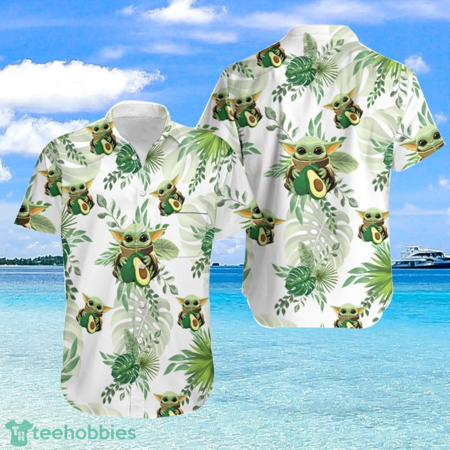 Baby Yoda Hugging Avocadoes Tropical Green Leaves White Hawaiian Shirt Product Photo 1 Baby Yoda Hugging Avocadoes Tropical Green Leaves White Hawaiian Shirt Product Photo 1