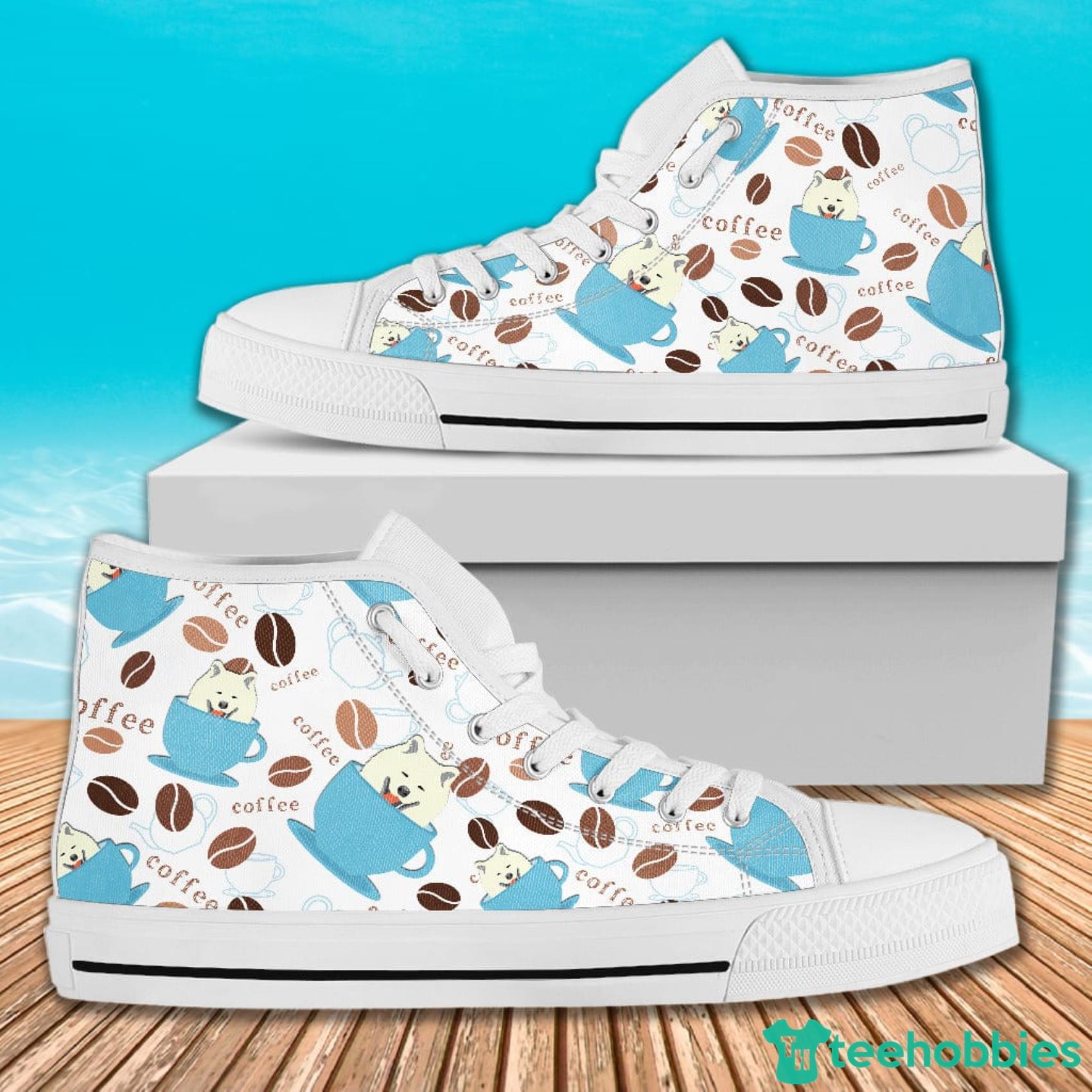 Coffee Samoyed Fabric Pattern AOP Print High Top Shoes For Men And Women image Coffee Samoyed Fabric Pattern AOP Print High Top Shoes For Men And Women Product Photo 2