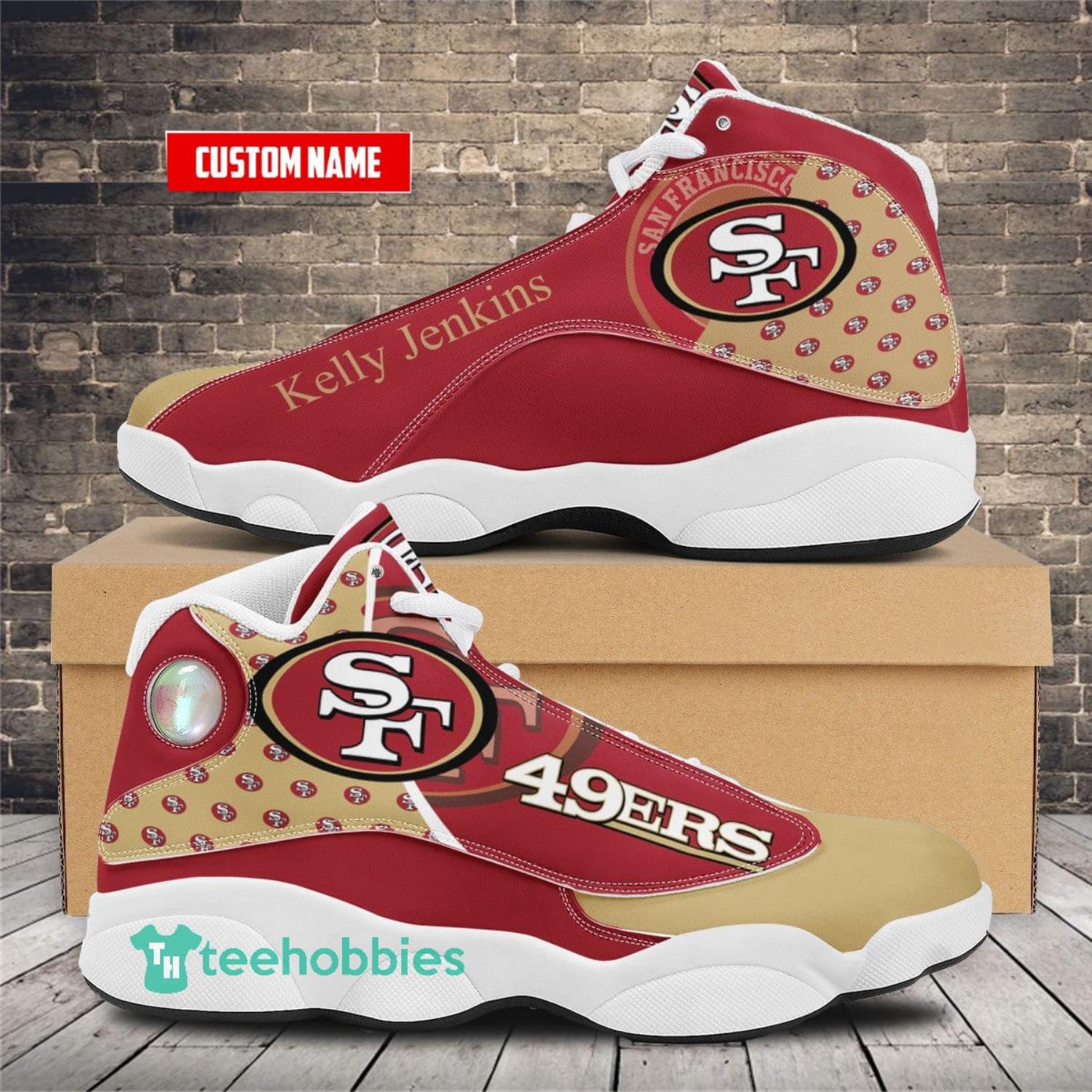 Custom Name Logo Print NFL San Francisco 49ers Sport Team Basketball Sneakers Air Jordan 13 Shoes For Fans Product Photo 1 Custom Name Logo Print NFL San Francisco 49ers Sport Team Basketball Sneakers Air Jordan 13 Shoes For Fans Product Photo 1