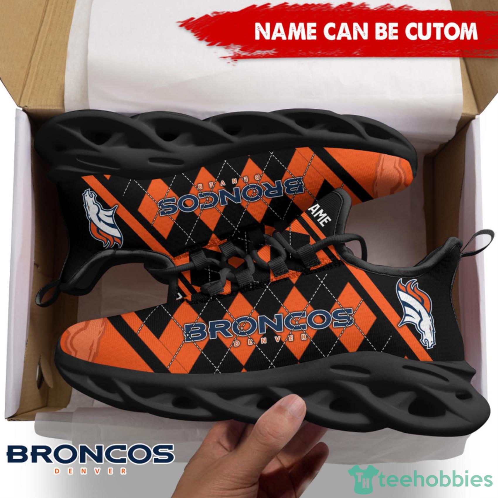 Denver Broncos NFL Custom Name Check Plaid Diagonal Pattern Max Soul Shoes Product Photo 1