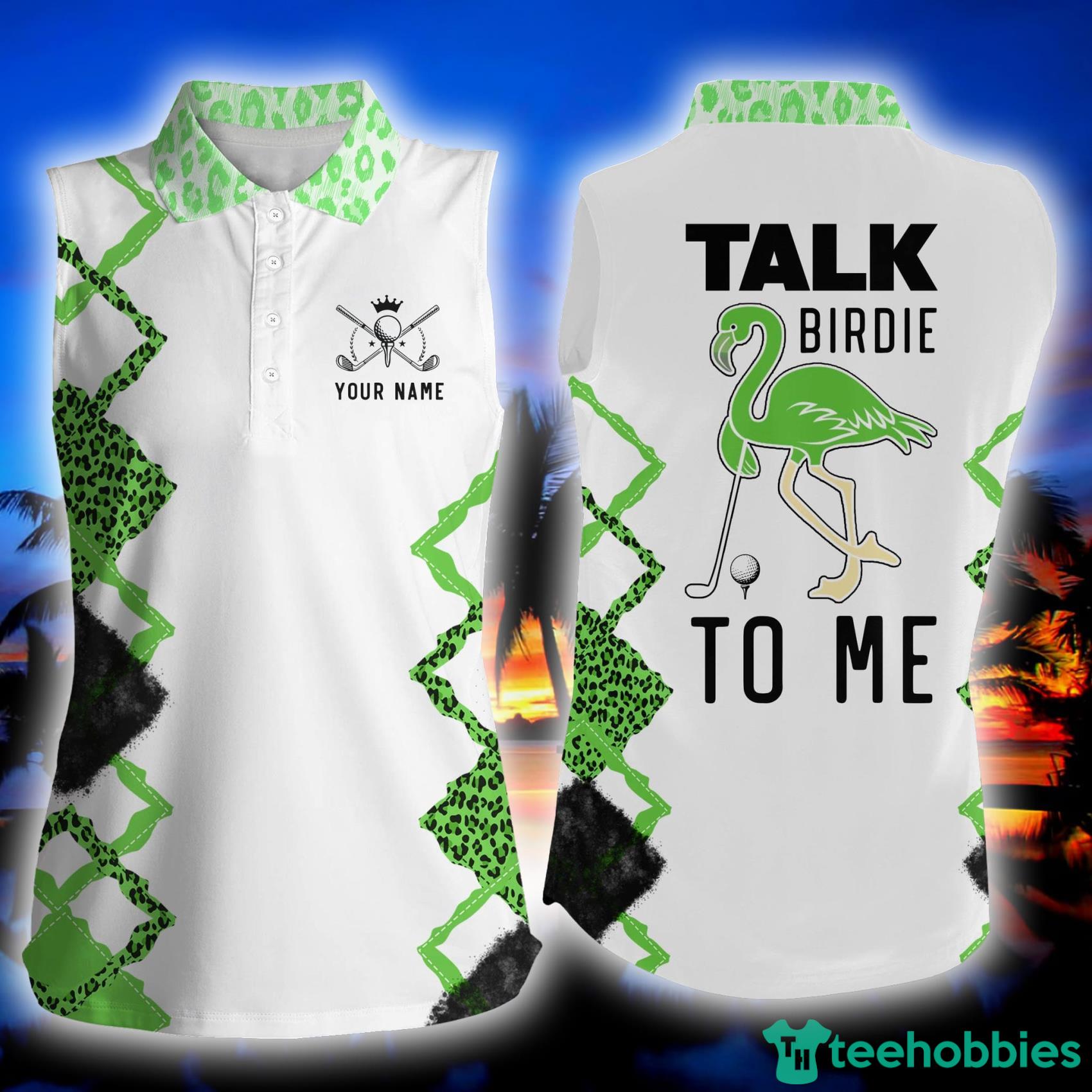 Funny Green Leopard Talk Birdie To Me Custom Name Green Flamingo Golf  Shirts Women's Sleeveless Polo Shirt