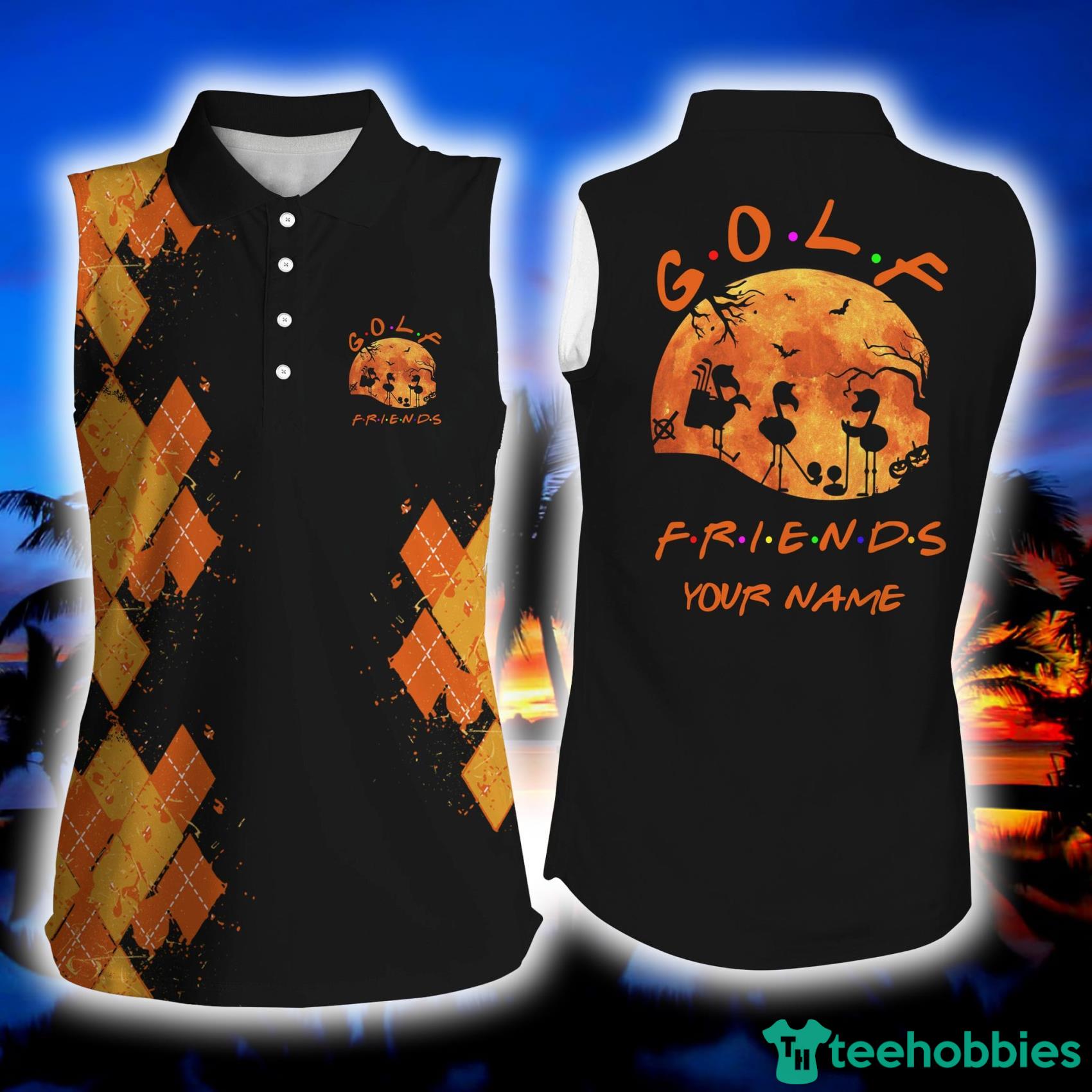 Funny Orange Black Halloween Custom Name Flamingo Golf Friends Womens Sleeveless Polo Shirt Product Photo 1
