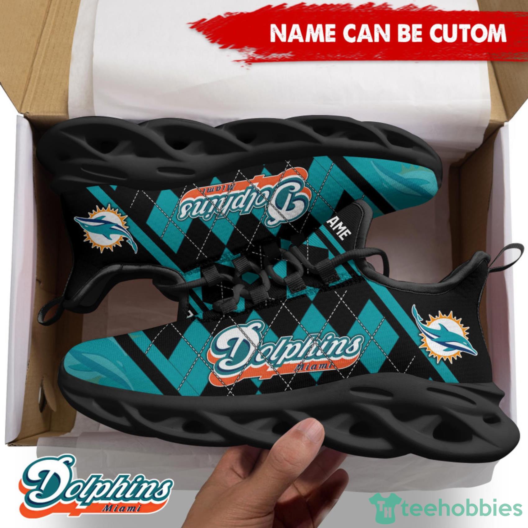 Miami Dolphins NFL Custom Name Check Plaid Diagonal Pattern Max Soul Shoes Product Photo 1