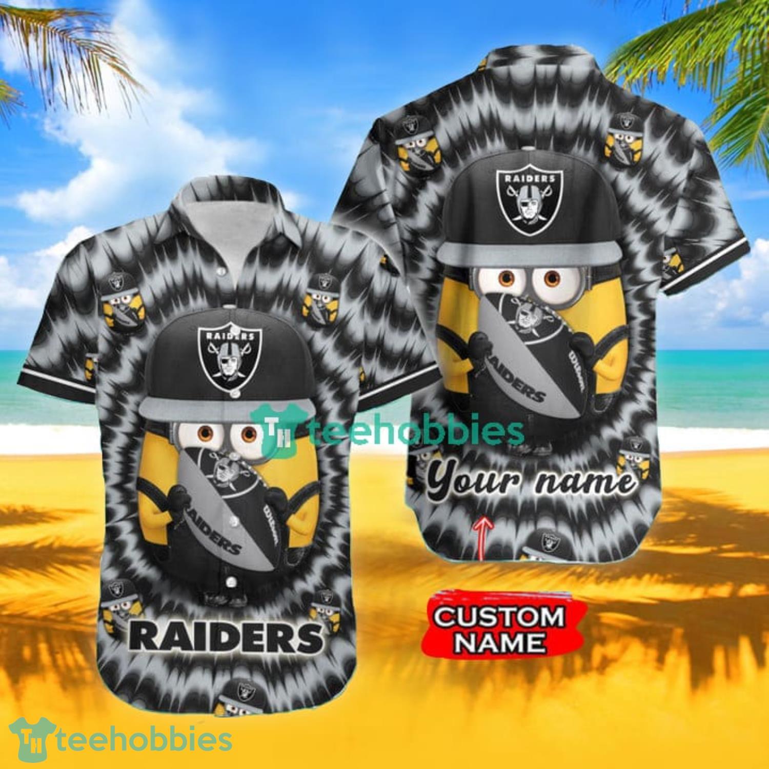 Nfl Las Vegas Raiders Custom Name Minions Lover Aloha Beach Shirt Hawaiian Shirt  For Men And Women