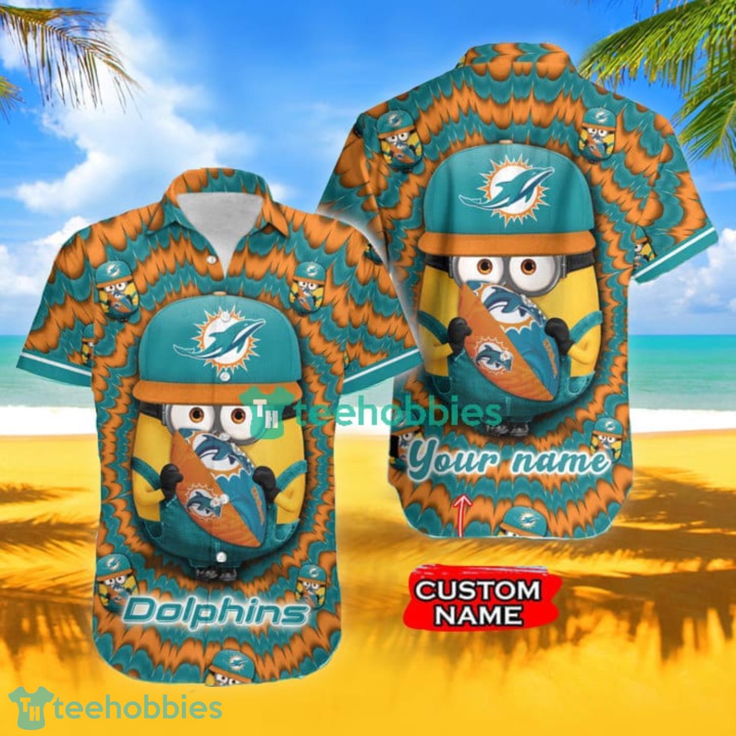 Nfl Miami Dolphins Custom Name Minions Lover Aloha Beach Shirt Hawaiian Shirt For Men And Women Product Photo 1