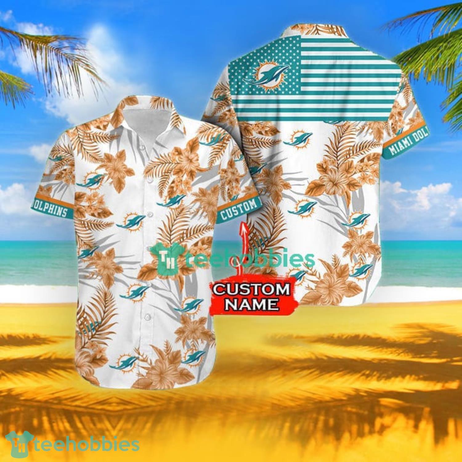 Nfl Miami Dolphins Fans American Flag Tropical Custom Name Aloha Beach Shirt Hawaiian Shirt Product Photo 1