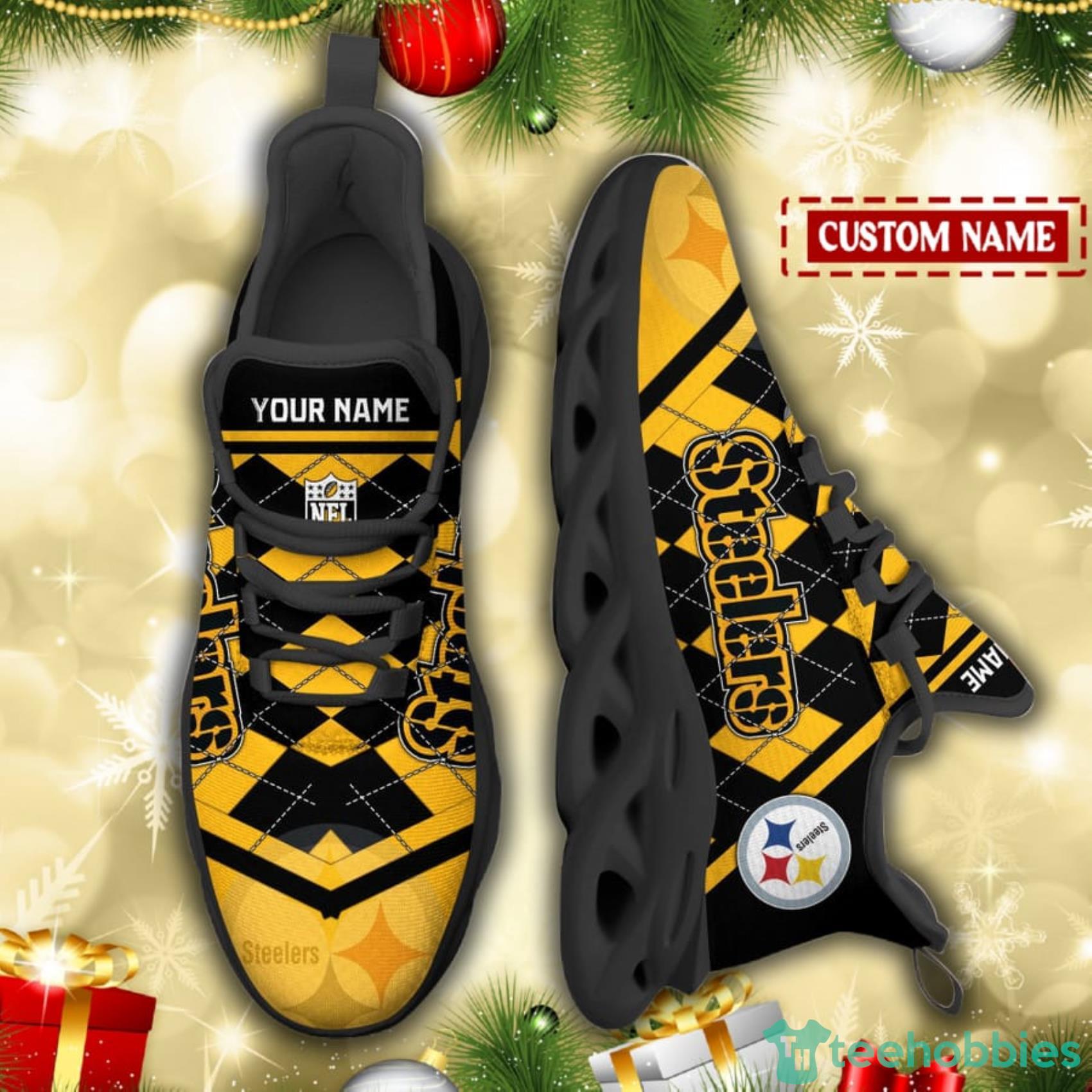 Pittsburgh Steelers NFL Custom Name Check Plaid Diagonal Pattern Max Soul Shoes Product Photo 2