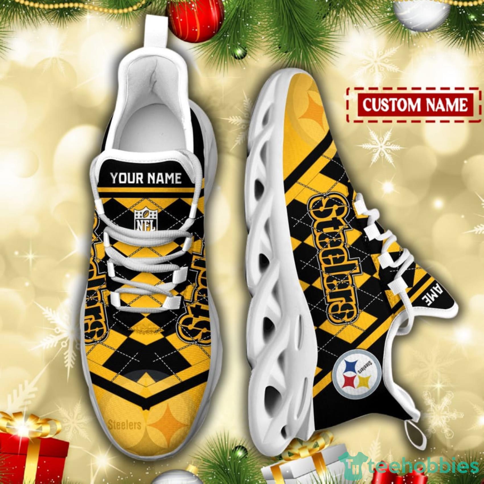 Pittsburgh Steelers NFL Custom Name Check Plaid Diagonal Pattern Max Soul Shoes Product Photo 5