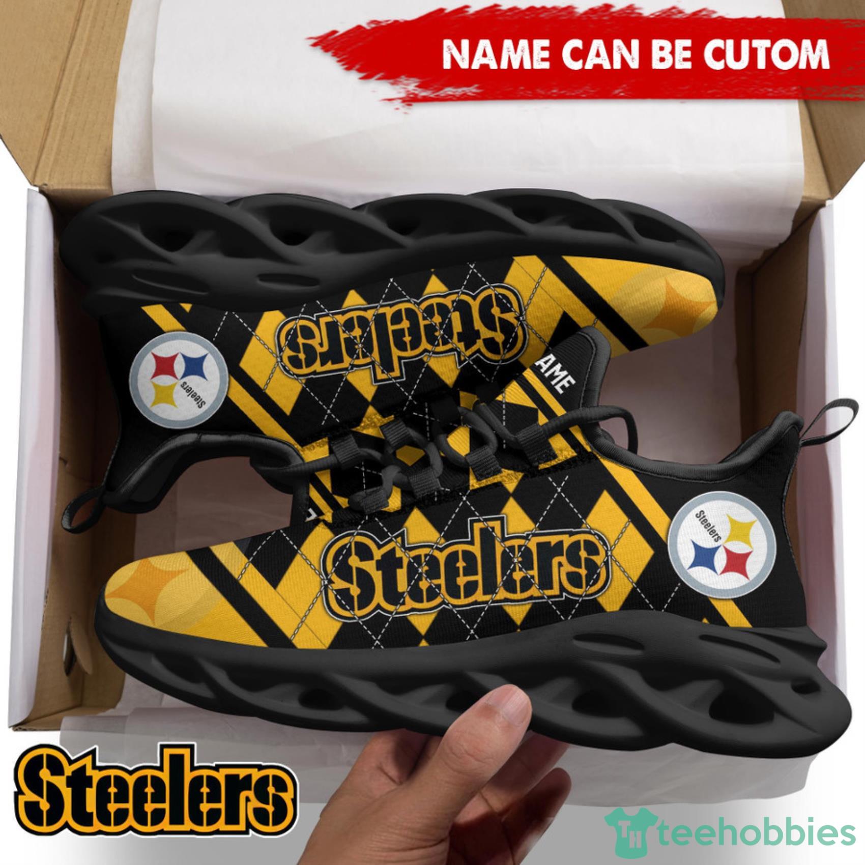 Pittsburgh Steelers NFL Custom Name Check Plaid Diagonal Pattern Max Soul Shoes Product Photo 1