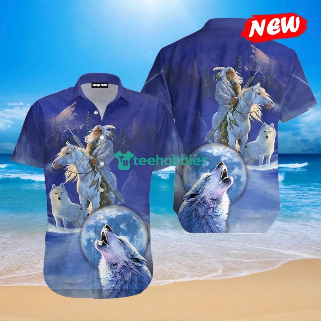 Wolf Native American Cobalt Blue Design For Summer Hawaiian Shirt - Wolf Native American Cobalt Blue Design For Summer Hawaiian Shirt