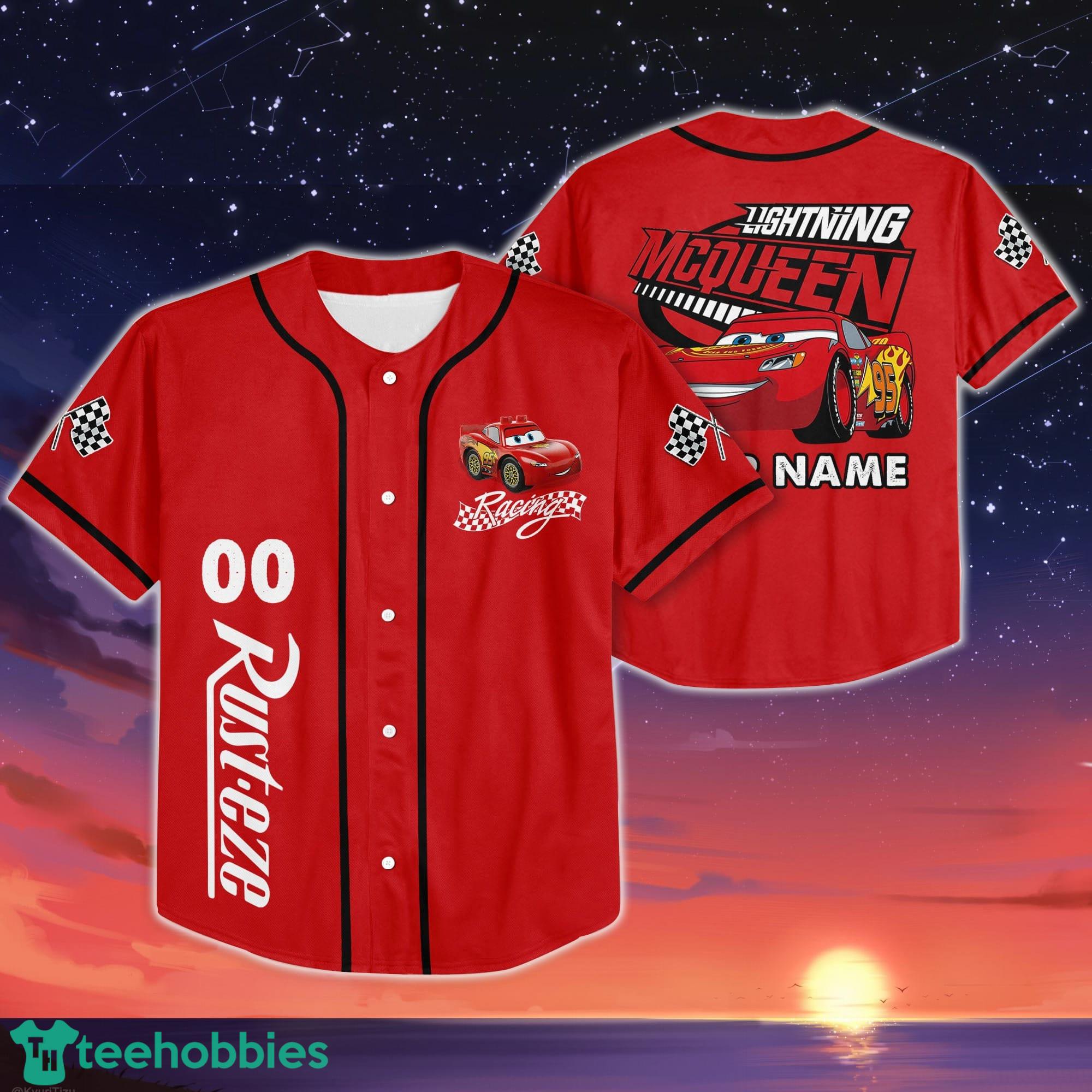 Custom Name And Number For Disney Fans Lightning Mcqueen Speed Red Dark Baseball Jersey Shirt Product Photo 1 Custom Name And Number For Disney Fans Lightning Mcqueen Speed Red Dark Baseball Jersey Shirt Product Photo 1
