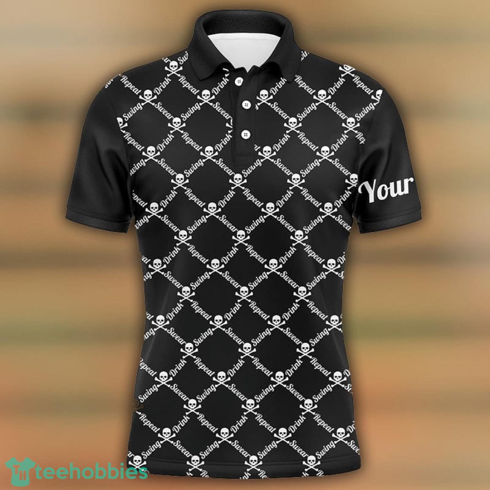 Custom Name And Team Name Swing Swear Drink Repeat Golf Skull Polo Shirt For Men And Women Product Photo 1 Custom Name And Team Name Swing Swear Drink Repeat Golf Skull Polo Shirt For Men And Women Product Photo 1