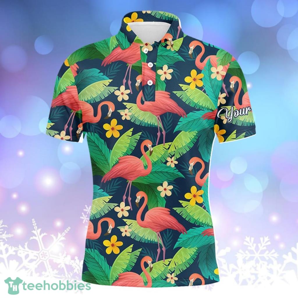 Men Golf Polo Shirts Colorful Flamingo Pattern Green Tropical Leaves Custom Name Team Golf Polo Shirts Product Photo 1 Men Golf Polo Shirts Colorful Flamingo Pattern Green Tropical Leaves Custom Name Team Golf Polo Shirts Product Photo 1