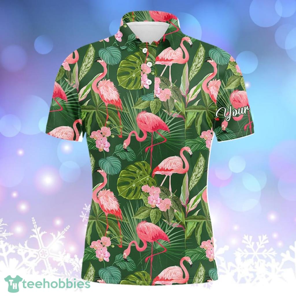 Men Golf Polo Shirts Flamingo Green Tropical Palm Leaves Pattern