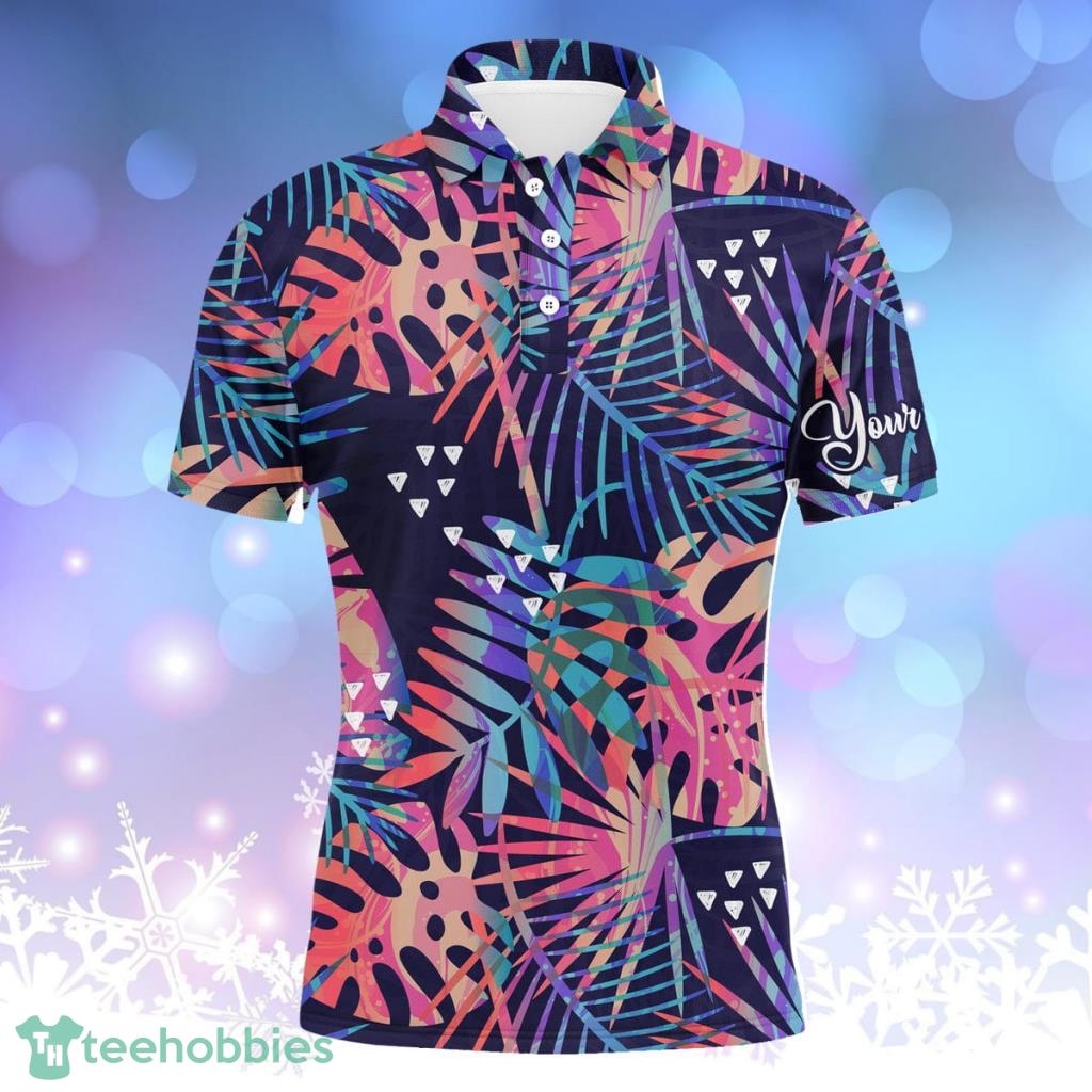Men Golf Polo Upf Shirts With Colorful Tropical Plants And Palm Leaves  Custom Name Team Golf Polo Shirts