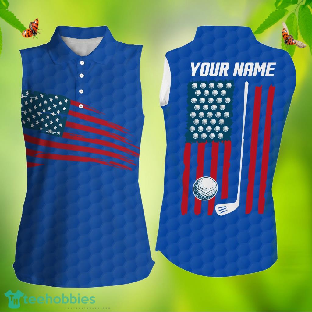 American Flag Patriotic Golfs Custom Name Golf Gifts Blue Women's Sleeveless Golf Polo Shirt image American Flag Patriotic Golfs Custom Name Golf Gifts Blue Women's Sleeveless Golf Polo Shirt Product Photo 1
