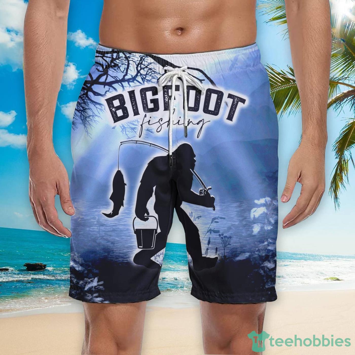 Bigfoot Fishing In The Night Blue And Black Beach Shorts For Men