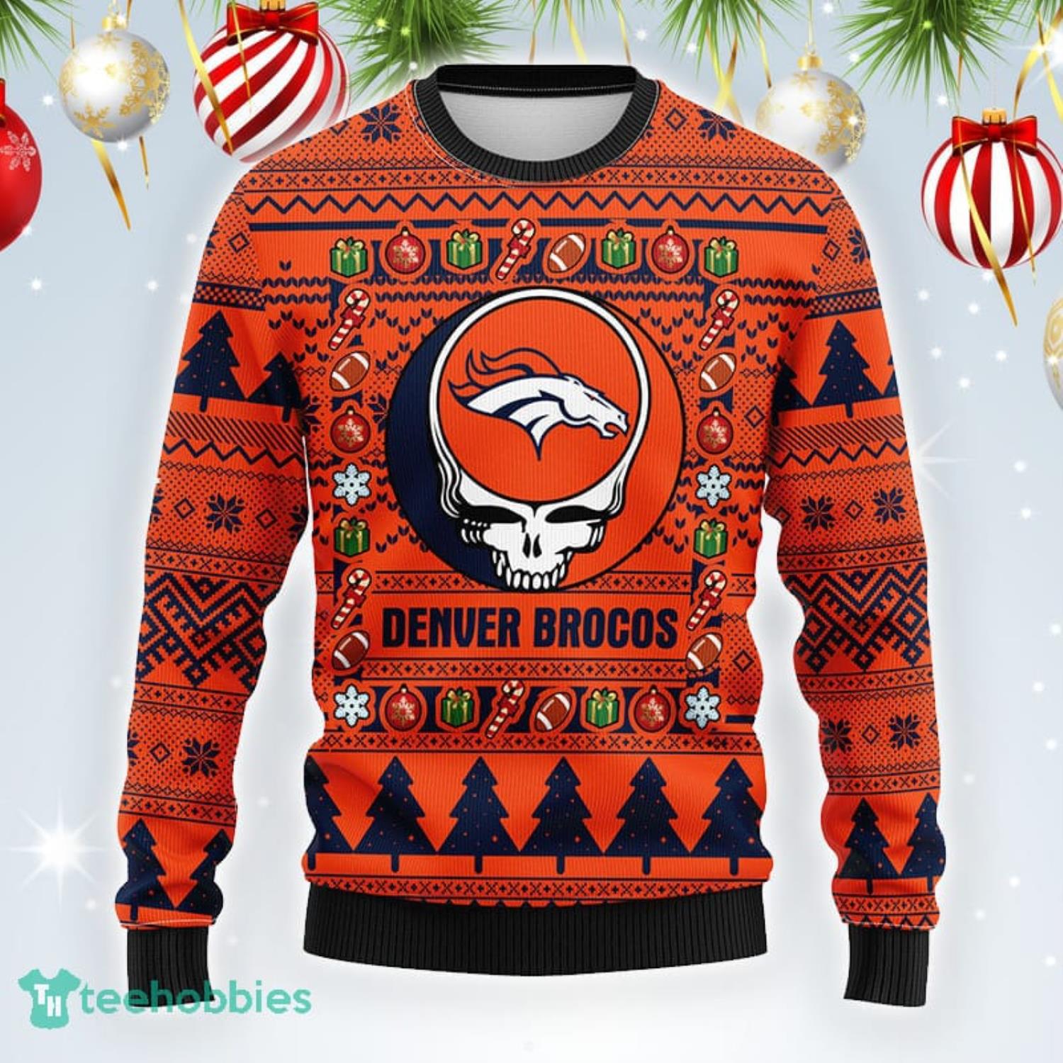 Christmas Gift For NFL Fans Denver Broncos Grateful Dead Christmas Gift  Pattern Ugly Christmas Sweater