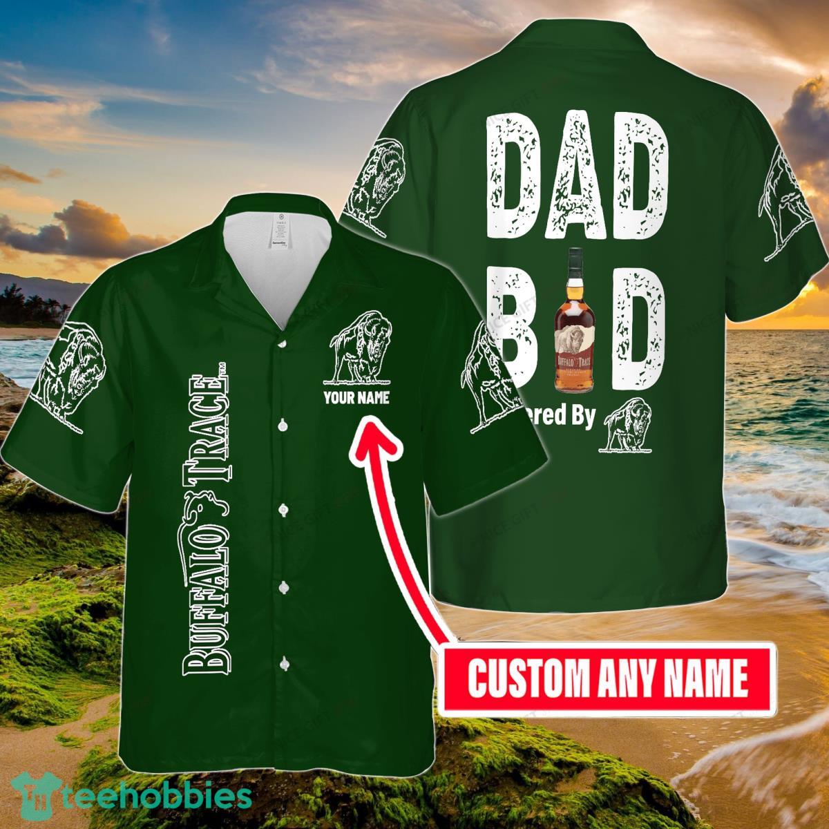 Dad Bod Powered By Buffalo Trace Custom Name Hawaiian Shirt Best Gift For Men And Women Fans Product Photo 1