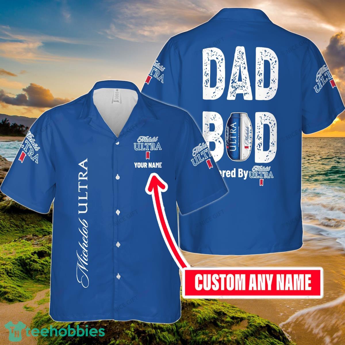 Dad Bod Powered By Michelob ULTRA Custom Name Hawaiian Shirt Best Gift For Men And Women Fans Product Photo 1