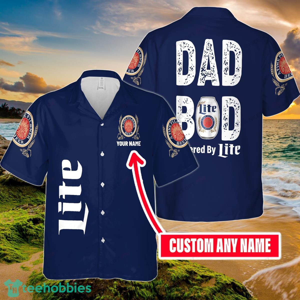 Dad Bod Powered By Miller Lite Custom Name Hawaiian Shirt Best Gift For Men And Women Fans Product Photo 1