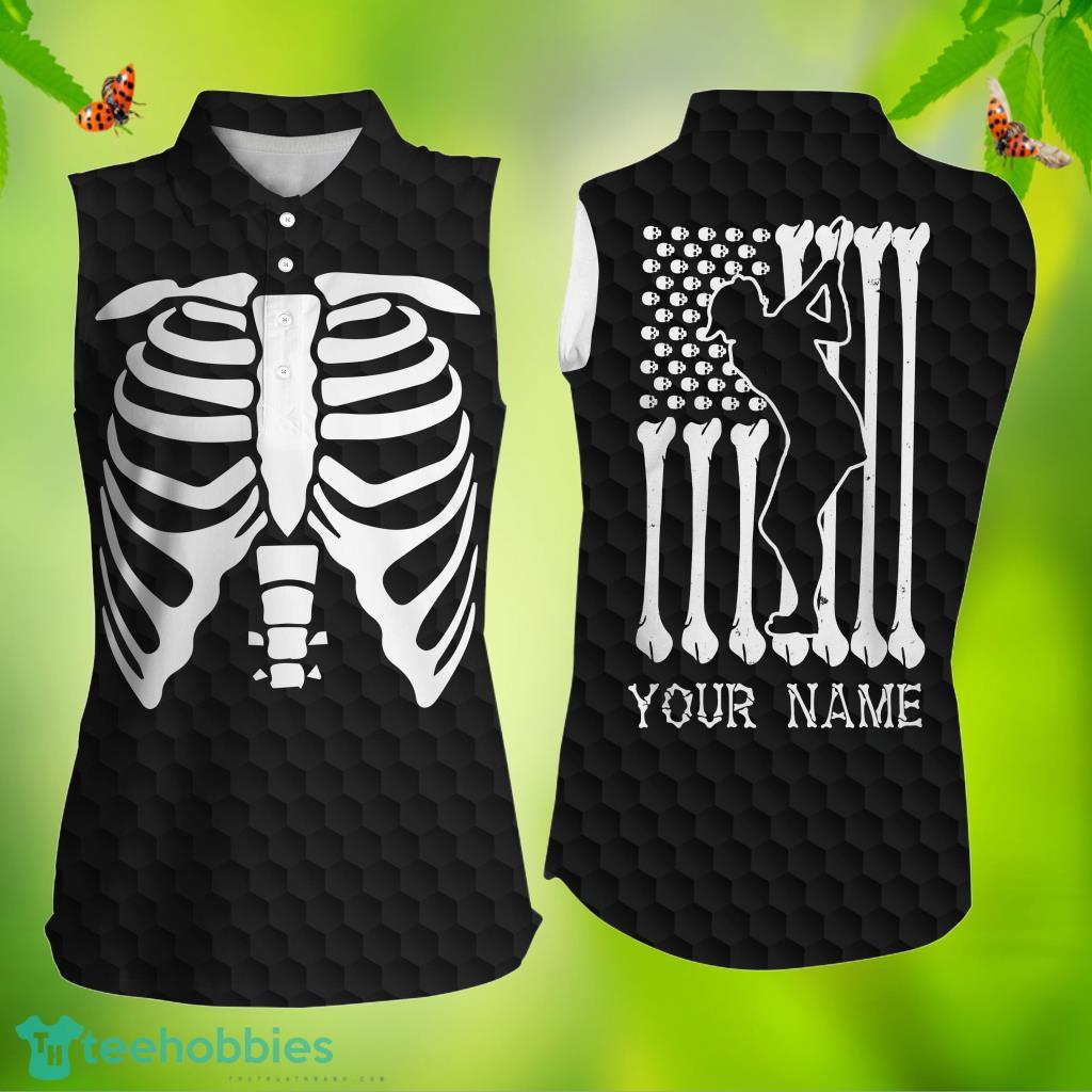 Funny Halloween Skeleton American Flag Personalized Name Black White Women Sleeveless Polo Shirts Product Photo 1