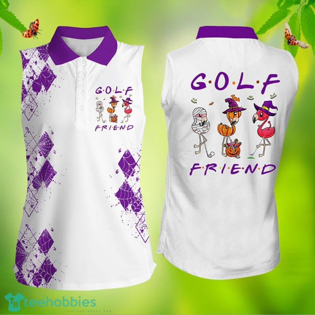 Funny Halloween Womens Sleeveless Golf Polo Shirt - Flamingo Golf Friend Purple Halloween Shirt Product Photo 1
