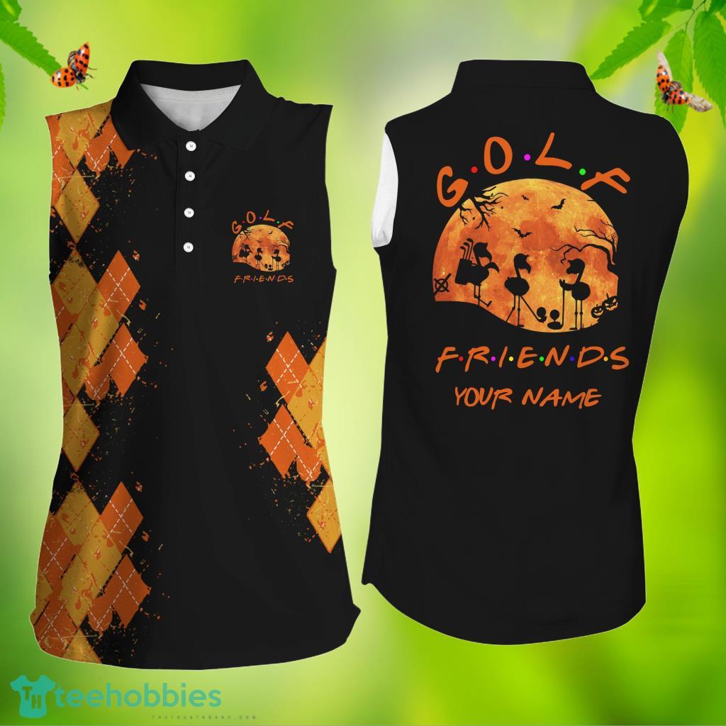 Funny Orange Black Halloween Personalized Name - Flamingo Golf Friends Women Sleeveless Polo Shirts Product Photo 1