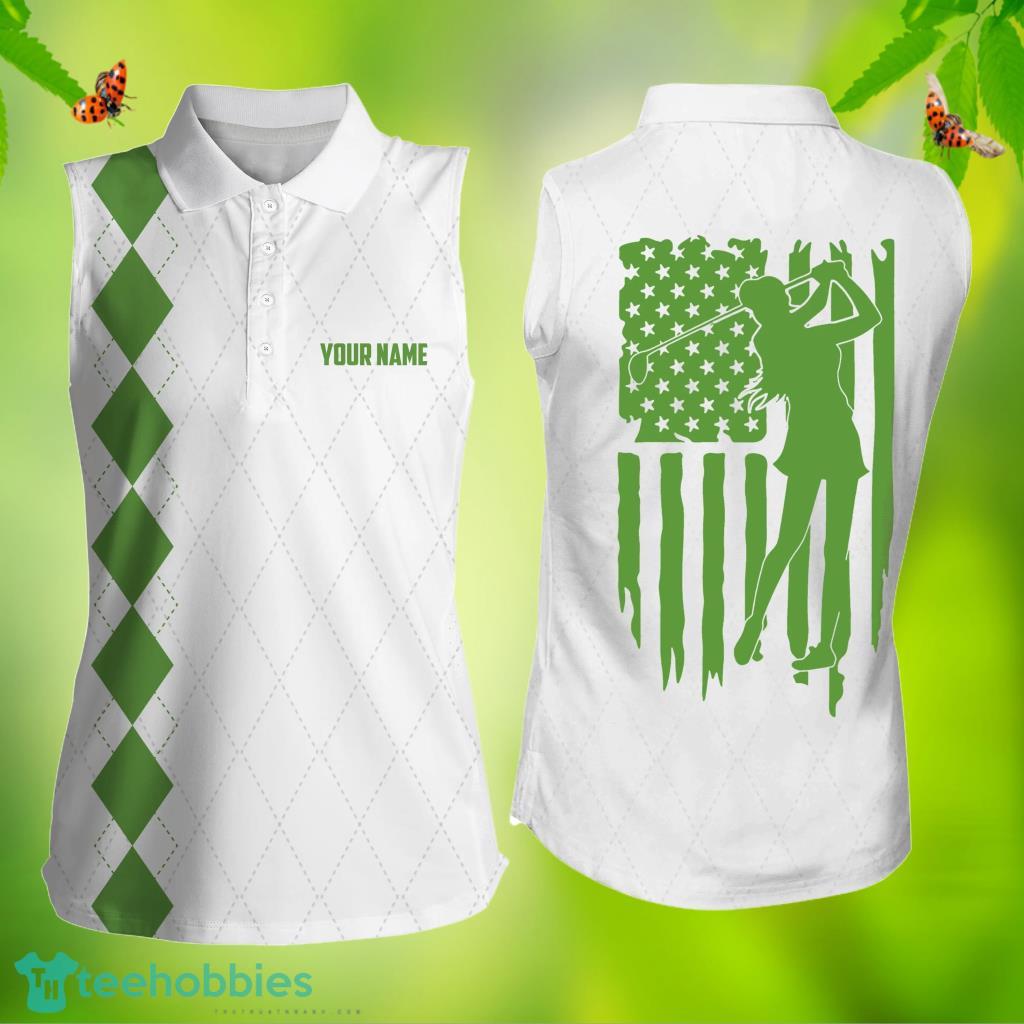 Green American Flag Patriotic Golfs Custom Name Golf Gifts Women's Sleeveless Golf Polo Shirt image Green American Flag Patriotic Golfs Custom Name Golf Gifts Women's Sleeveless Golf Polo Shirt Product Photo 1