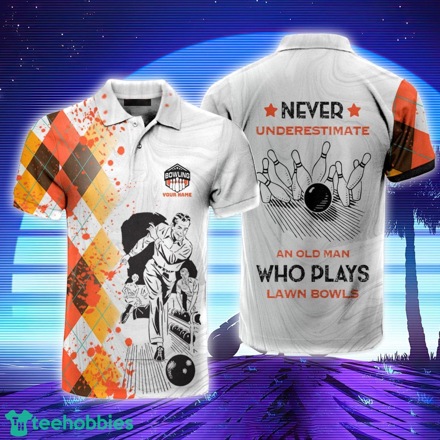 Never Underestimate Old Man Plays Lawn Bowl Gift for Bowling Lovers Orange White Custom Name Cute Gift Polo Shirt Product Photo 1