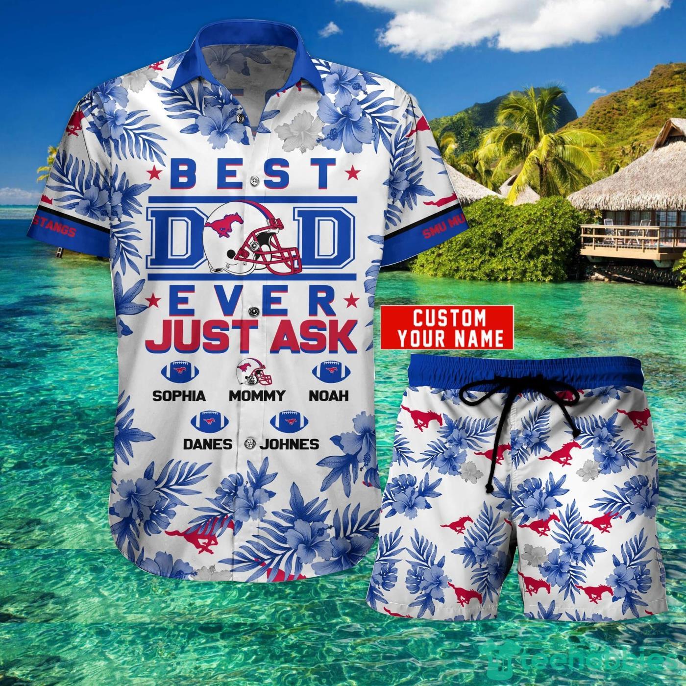 SMU Mustangs Best Dad Custom Name Hawaiian Shirt And Short Summer Gift Product Photo 1