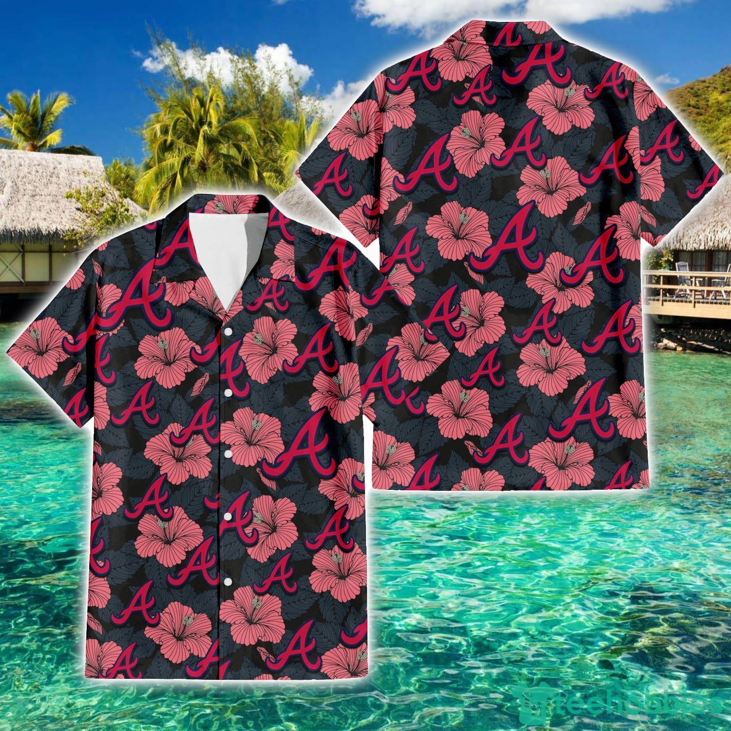 Atlanta Braves Red Hibiscus Green Blue White Leaf Black Background 3D  Hawaiian Shirt Gift For Fans - Freedomdesign