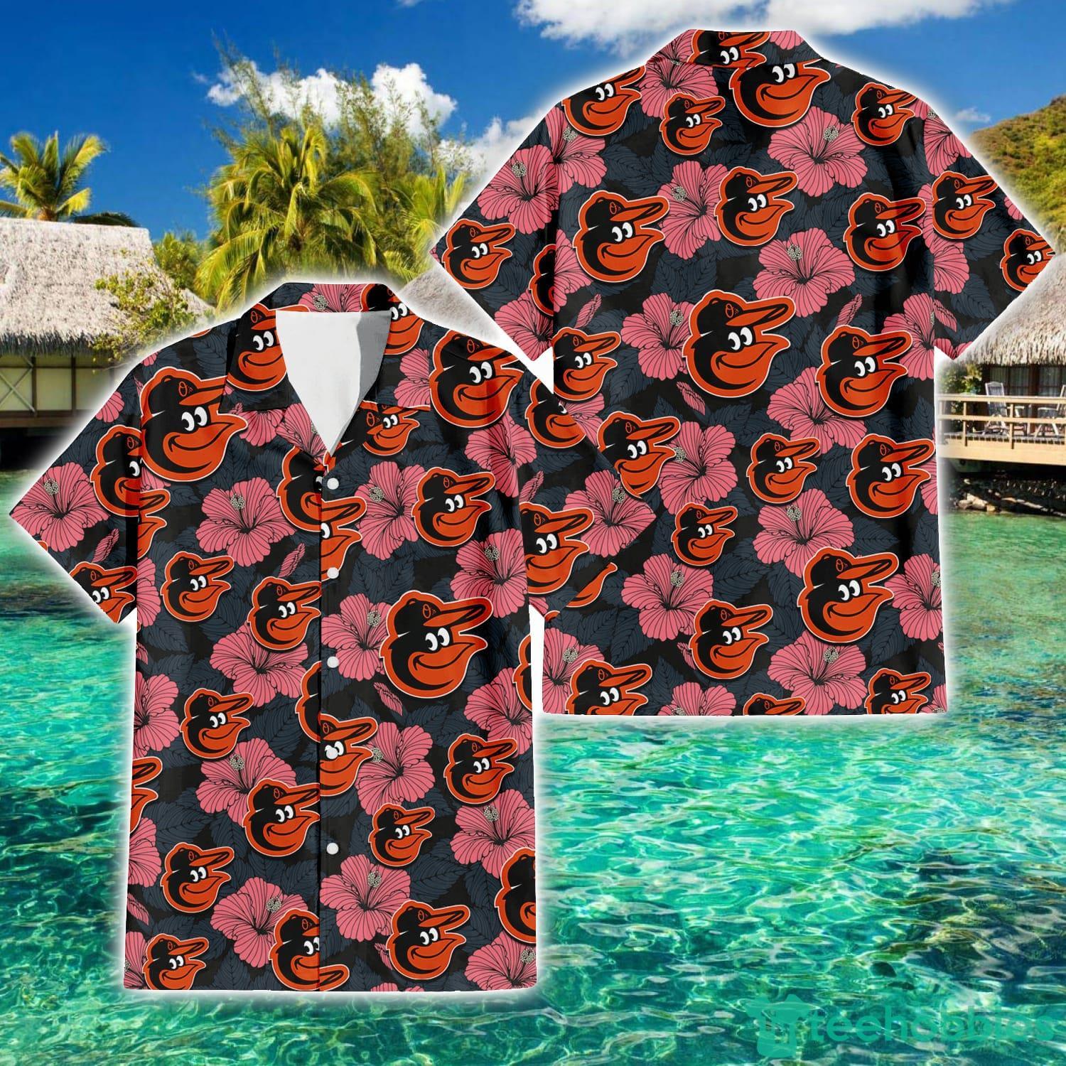 Baltimore Orioles Big Logo And Light Coral Hibiscus 3D Hawaiian