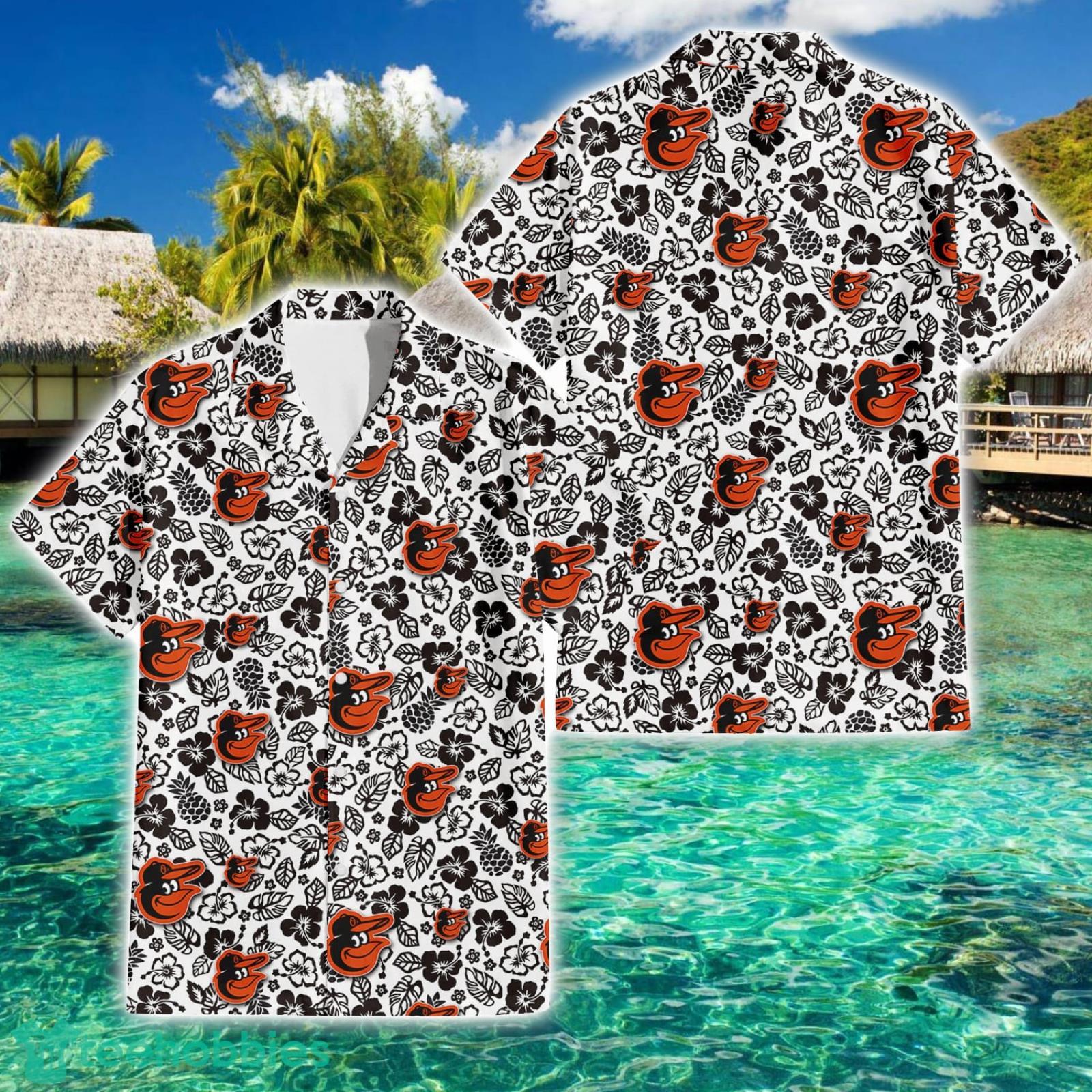 Baltimore Orioles Black And White Hibiscus Leaf White Pattern  3D Hawaiian Shirt Summer Gift Product Photo 1