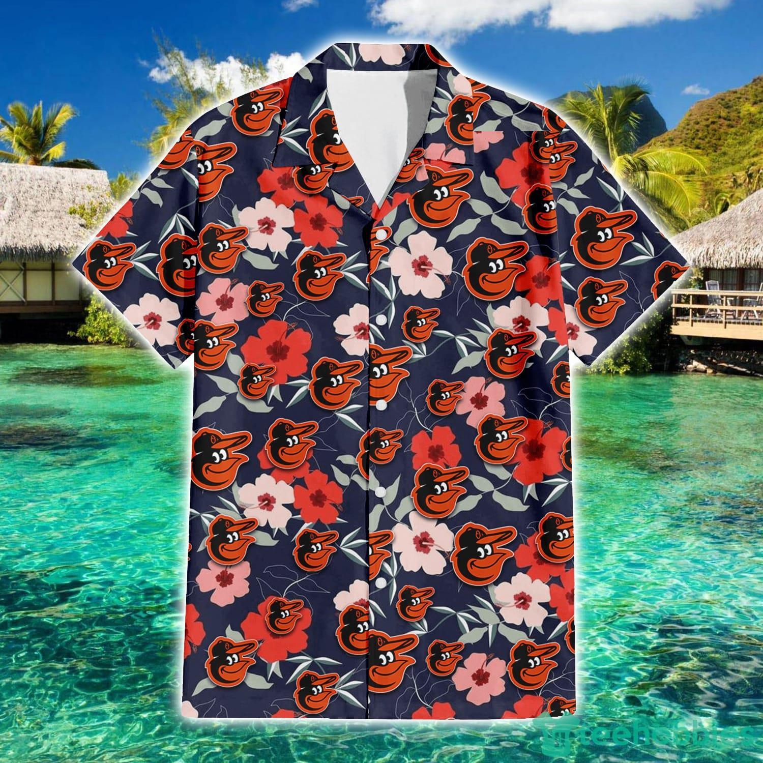Baltimore Orioles Logo And Red Pink White Hibiscus 3D Hawaiian Shirt For  Fans