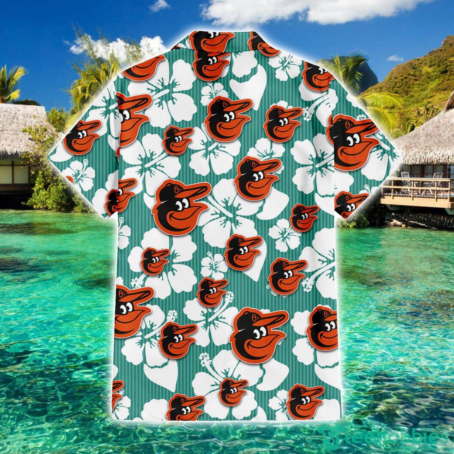 Baltimore Orioles White Hibiscus Turquoise Stripe Pattern 3D Hawaiian Shirt  Summer Gift
