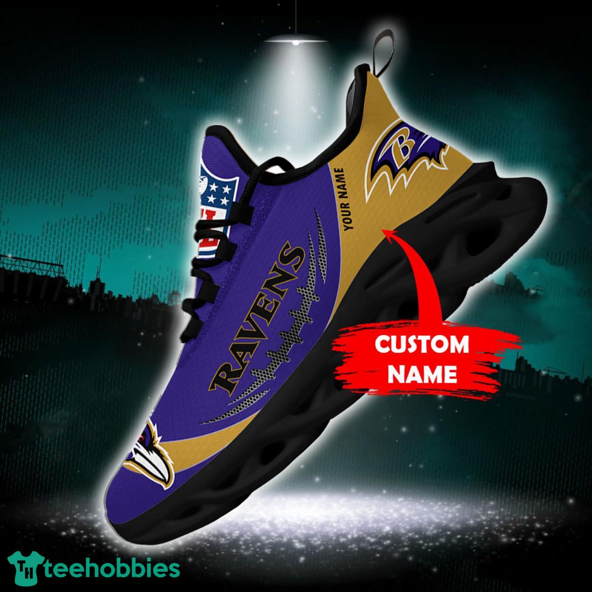 Personalized Name NFL Baltimore Ravens Flame Logo Max Soul Shoes Gift Fans  - Freedomdesign