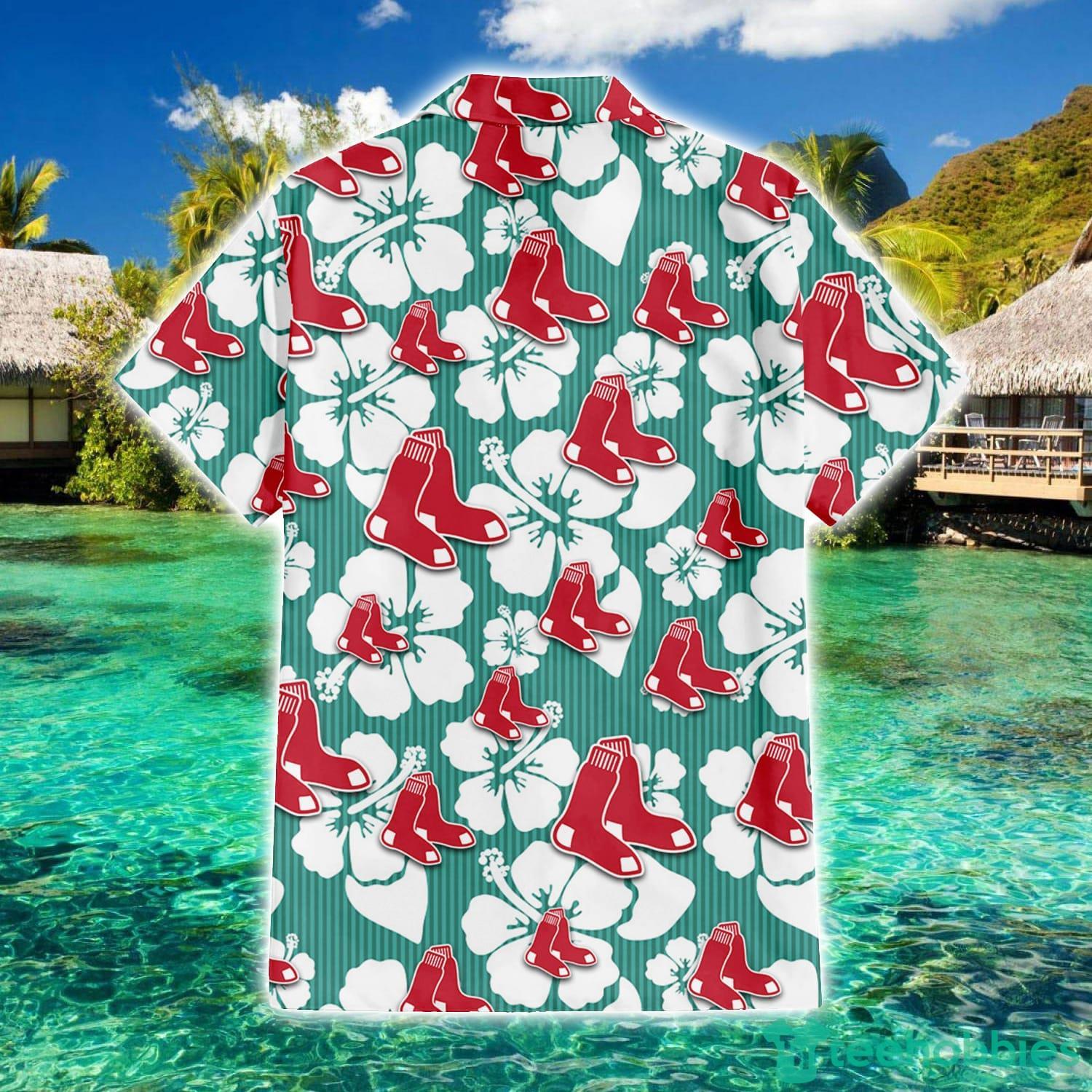 Boston Red Sox White Hibiscus Turquoise Stripe Pattern 3D Hawaiian Shirt  Summer Gift