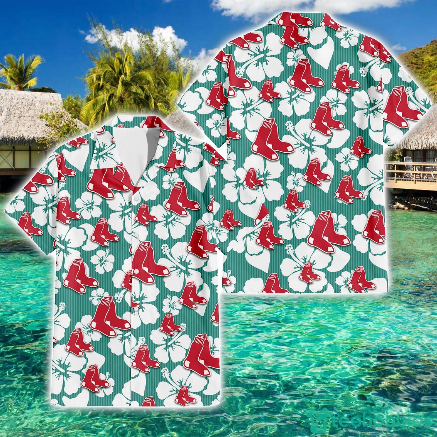 Boston Red Sox White Hibiscus Turquoise Stripe Pattern 3D Hawaiian Shirt  Summer Gift