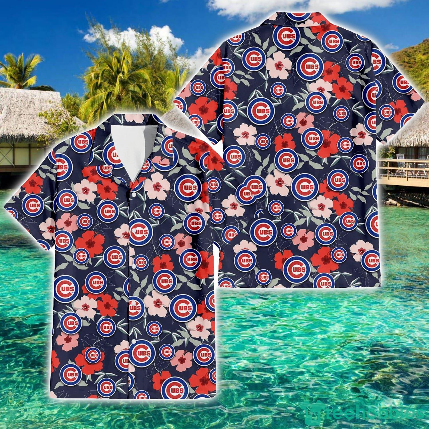 Chicago Cubs Logo And Red Pink White Hibiscus 3D Hawaiian Shirt For Fans