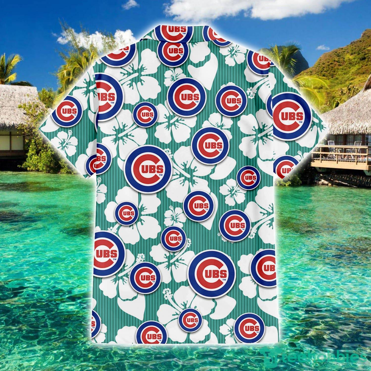 Chicago Cubs White Hibiscus Turquoise Stripe Pattern 3D Hawaiian