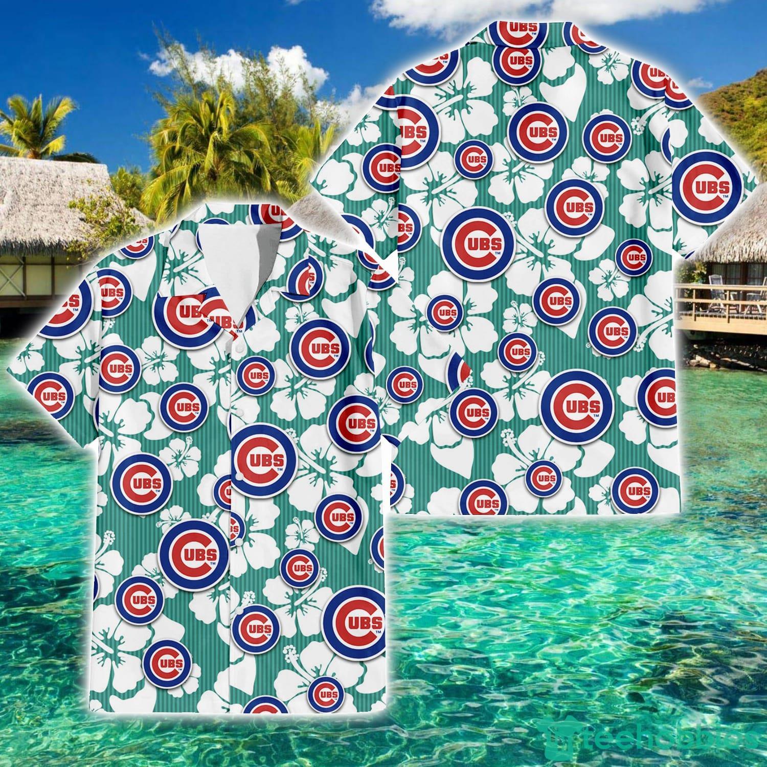 Chicago Cubs White Hibiscus Turquoise Stripe Pattern 3D Hawaiian Shirt  Summer Gift