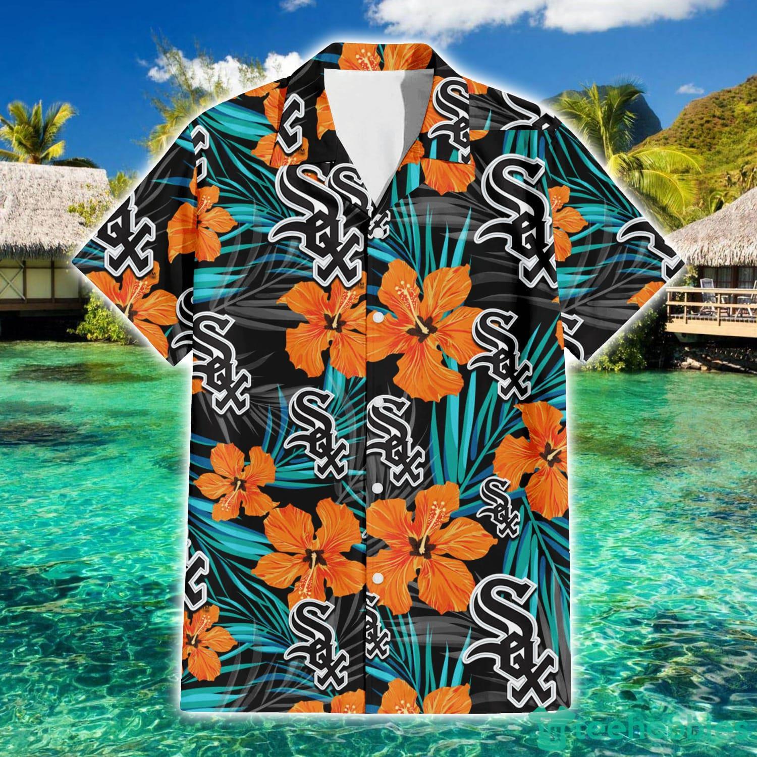 Chicago White Sox White Hibiscus Turquoise Stripe Pattern 3D Hawaiian Shirt  Summer Gift