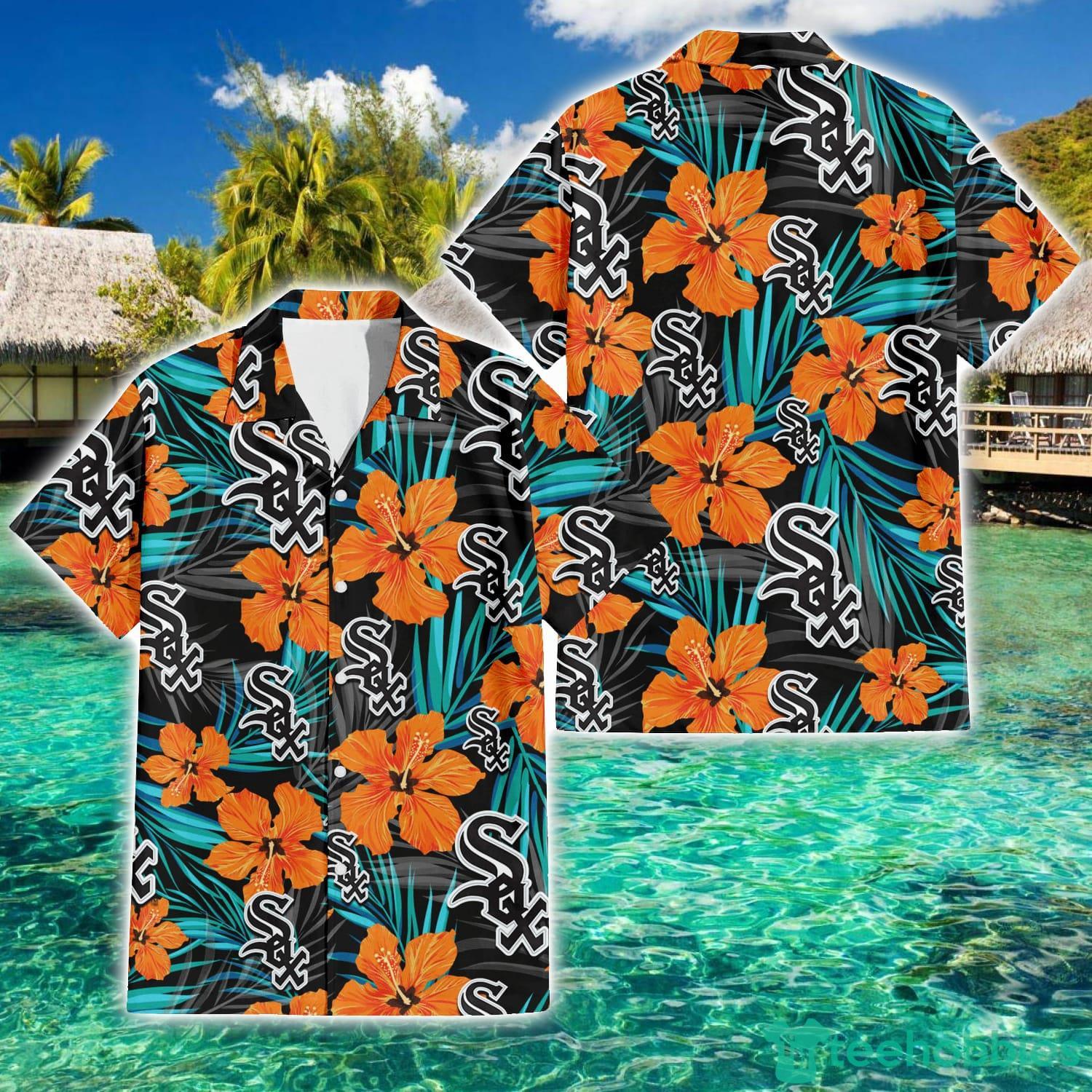 Chicago White Sox White Hibiscus Turquoise Stripe Pattern 3D Hawaiian Shirt  Summer Gift