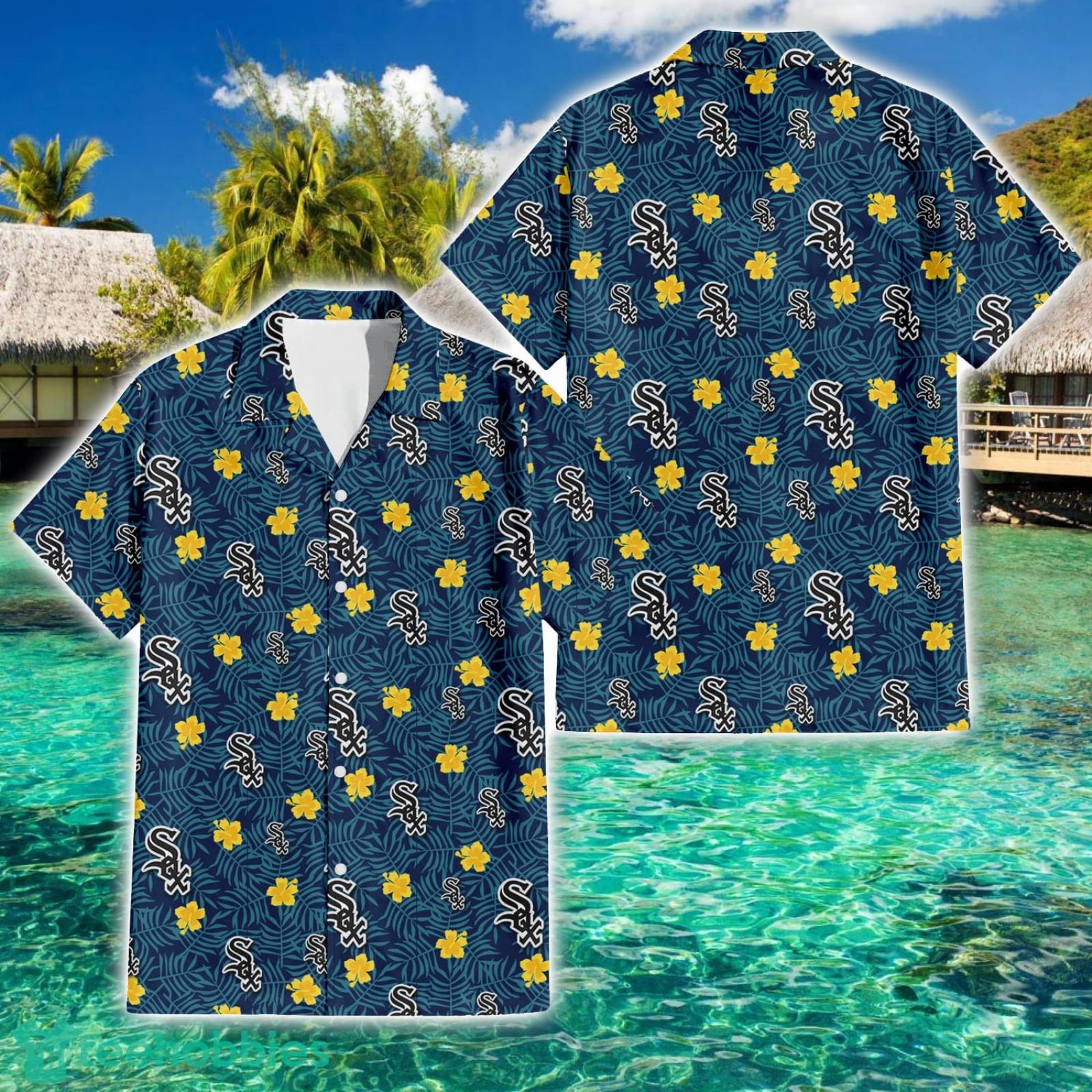Chicago White Sox Yellow Hibiscus Cadet Blue Leaf Navy Pattern  3D Hawaiian Shirt Summer Gift Product Photo 1