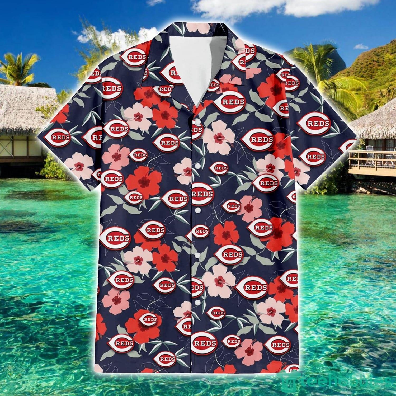 Cincinnati Reds Logo And Red Pink White Hibiscus 3D Hawaiian Shirt For Fans