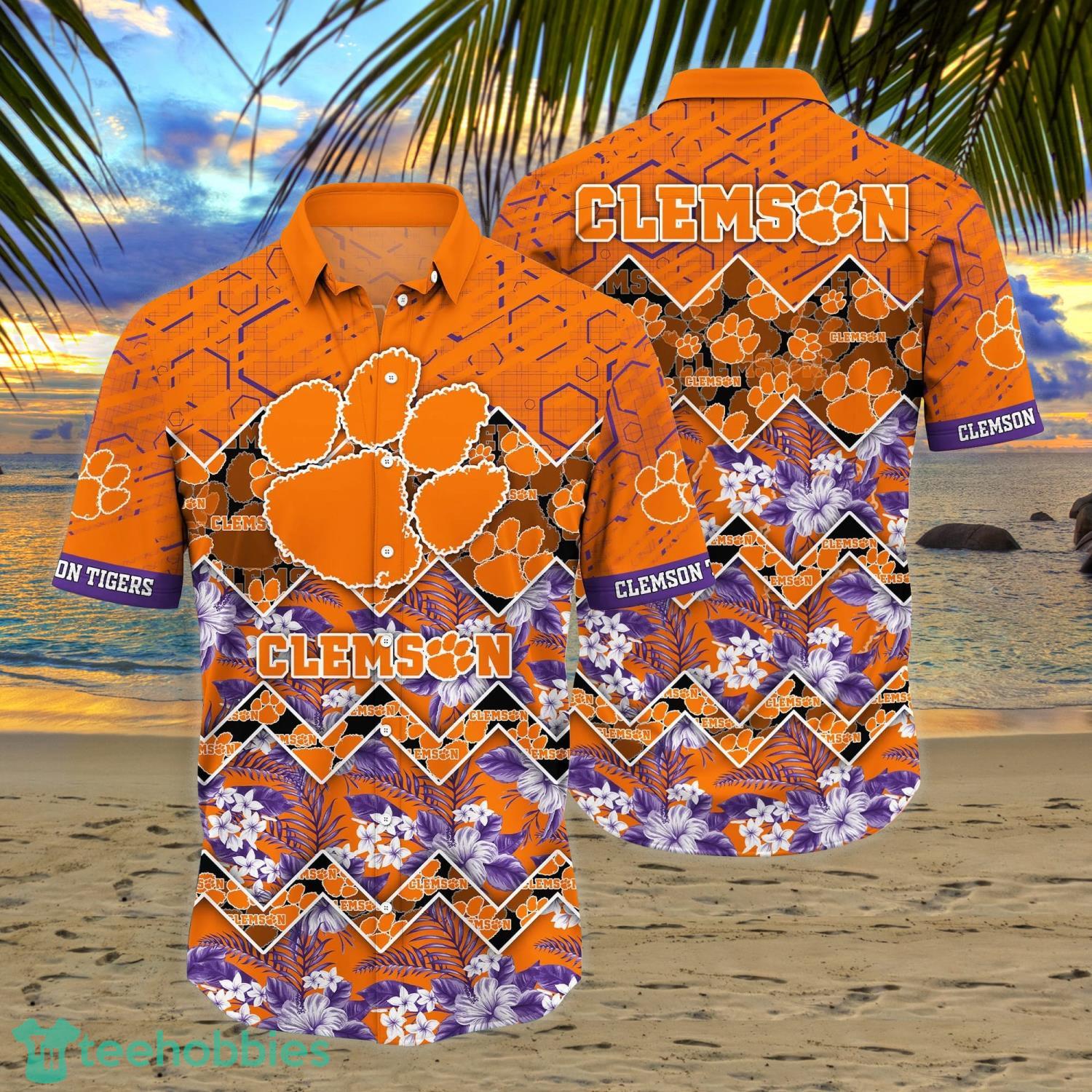Clemson Tigers Tropical Flower And Flag Pattern 3D Hawaiian Shirt And Shorts